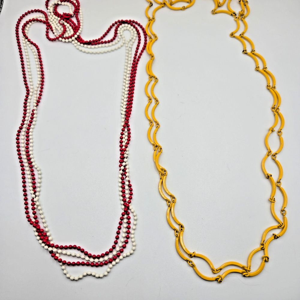 Vintage 2 Necklaces, White & Red Mini Beads and Yellow Enamel